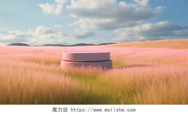 C4D简约风立体几何电商展台C4D背景真实场景粉色草原上的展台